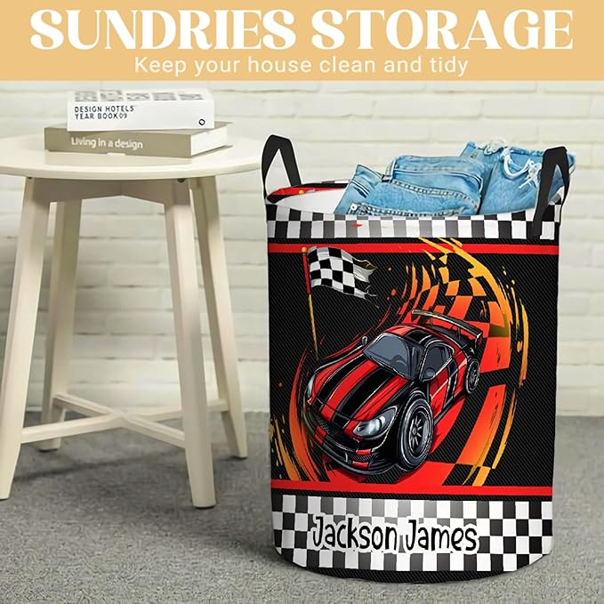 Personalized Car Racing Laundry Basket, Custom Laundry Hamper With Name Gifts For Kids Baby Adults, Collapsible Dirty Clothes Storage Organizer With Handles S 16.5 X 13.8in