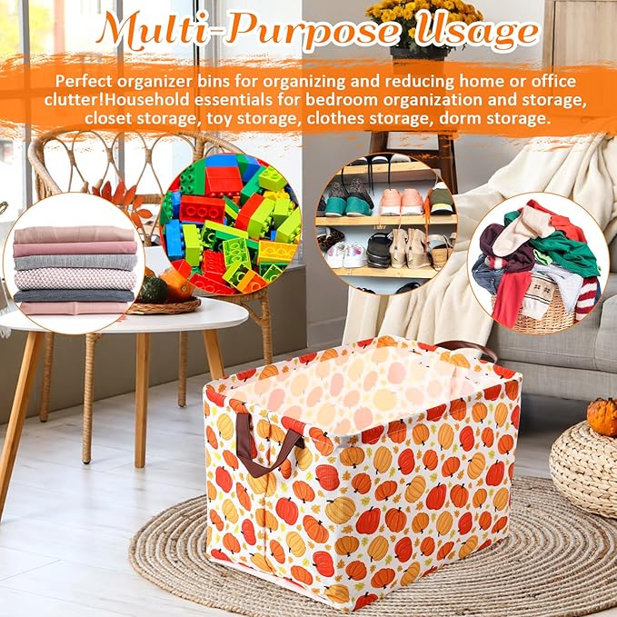 Vesici 6 Pack Thanksgiving Storage Basket for Gifts Fall Basket Farm Harvest Pumpkin Turkey Maple Leaf Storage Bins Foldable Laundry Box with Handle for Office Home Bedroom Clothes