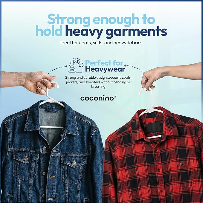 coconino Plastic Hangers 20 Pack - Non-Slip Clothes Hangers with Built-in Hooks - Heavy Duty Space Saving Coat Hangers for Closet - Durable Clothing Hanger for Shirts, Pants, Dress, Coats - White