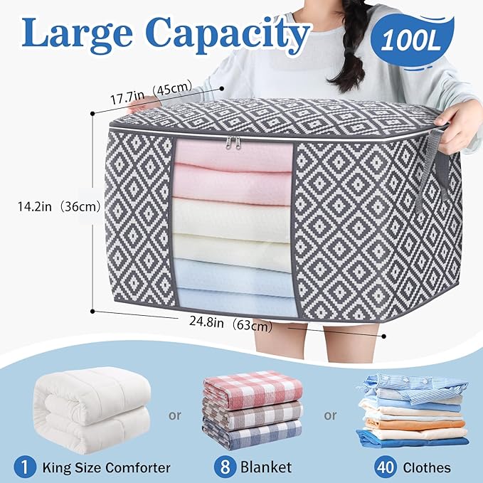 Direct 100L, 4 Pack, Storage Containers, Large Clothes Storage Bins Foldable Organization and Storage Bags with Reinforced Handle, Clear Window for Bedding, Blankets, Clothing, Grey