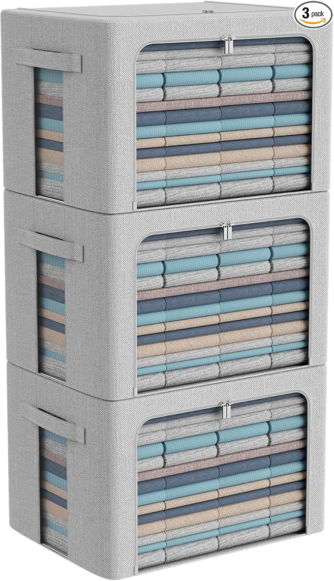 CYhom 3Pack Foldable Storage Bins - Frame Storage Box Linen Fabric Stackable Clothes Container Organizer with Clear Window & Carry Handles Large Capacity (Large-66L, Light Grey)