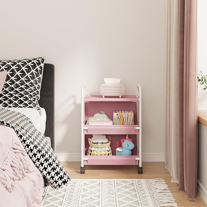 Buzowruil Utility Rolling Fabric Storage Rack Trolley Toy Cart Trolley with 2 Large Storage Boxes,Wheels, Suitable for Bedroom, Living Room, Entryway, Pink
