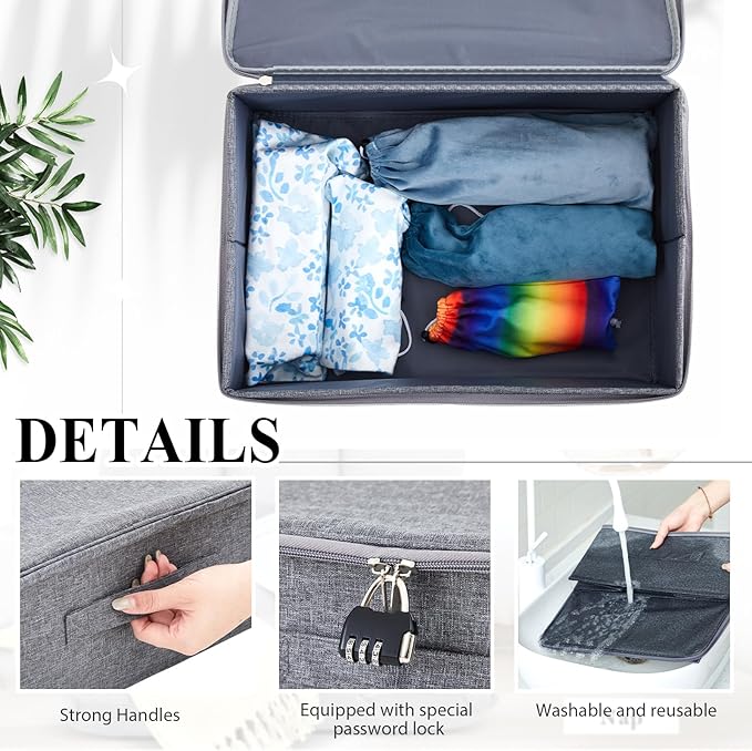 Discreet Lockable Toy Bag Storage Organizer Toy Bag Storage Bins Case with Zipper Lid for Women and Men Clothes Container(Gray,15 x 10 x 6.3 Inch)