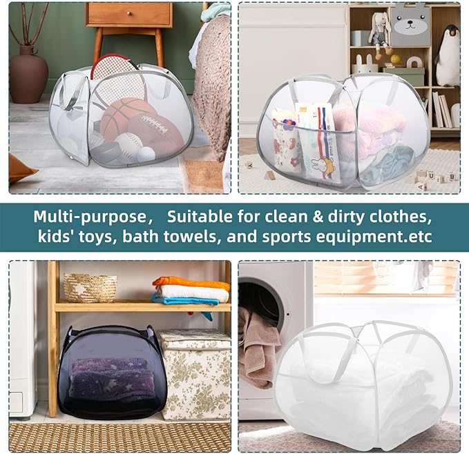 2 Pack Collapsible Laundry Baskets, 90L Large Foldable Laundry Basket, Durable Mesh Pop Up Hampers for Laundry, Dirty Clothes Laundry Hamper for Bedroom, Bathroom, Dorm, Laundry Room, Travel White