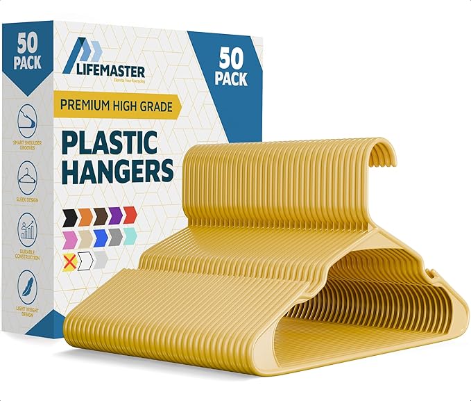 Lifemaster Plastic Clothes Hangers – Heavy Duty Hanger Set, for Organizing Clothes, Dresses, and Coat, Holds Up to 5 lbs, Space-Saving Hangers with Non-Slip Shoulder Grooves, Pack of 50, Yellow