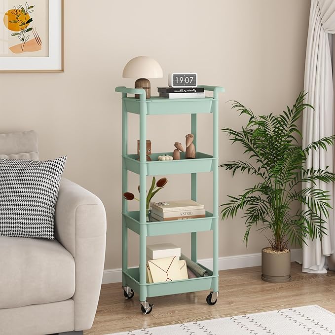 MIOCASA Utility Rolling Cart with Detachable Tray Top, 4-Tier Kitchen Storage Organization, Art Cart with Wheels for Office, Classroom, Livingroom, Kitchen, Bathroom (Green, 4-Tier-Plastic)