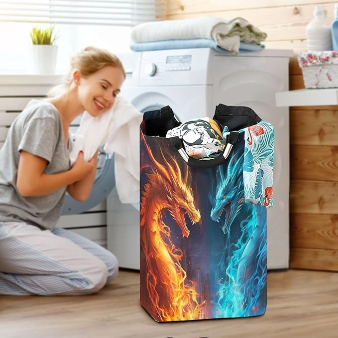 xigua Fire and Ice Dragon Large Laundry Hamper with Handle, Foldable Clothes Hamper Collapsible Storage Basket for Toys and Clothes Organization in Bedroom, Bathroom, and Laundry Room