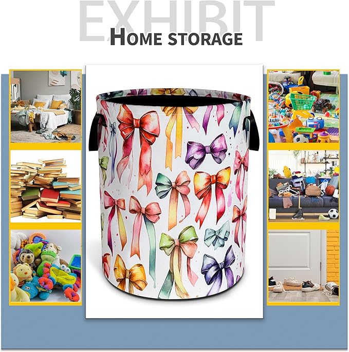 Colorful Bowknot Laundry Basket Bow Foldable Waterproof Oxford Cloth Funny Tote Bag Laundry Hamper Clothes Storage Bucket Toy Organizer For Bathroom/Laundry Storage/Bedroom 18.9x16.5 Inch