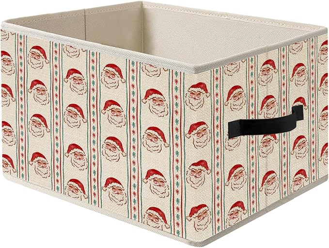 Christmas Santa Storage Bins, Red and Green Stripe Christmas Santa Claus Snowflakes Holiday Foldable Closet Organizers Storage Basket Toybox for Clothes Bed Sheets Blankets Toys
