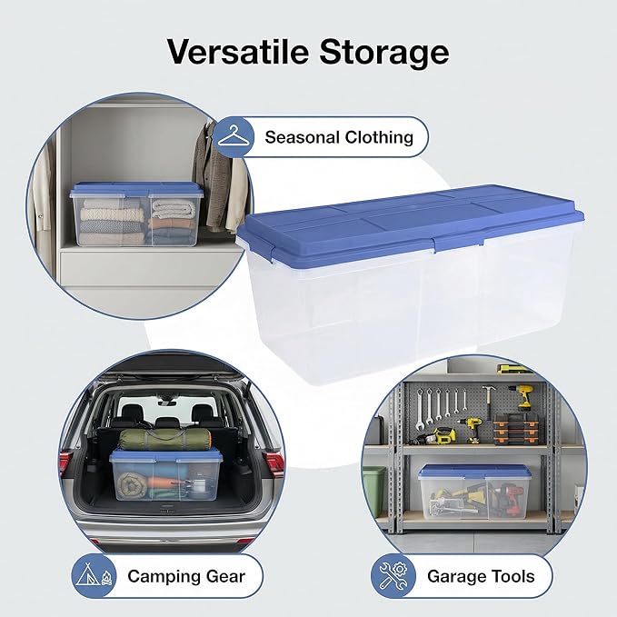 113 Qt Clear Stackable Latching Storage Bin with Smoke Blue Lid,Large Storage Bins With Lids, 36x16.8x14.2 Inches for Home & Garage Organization