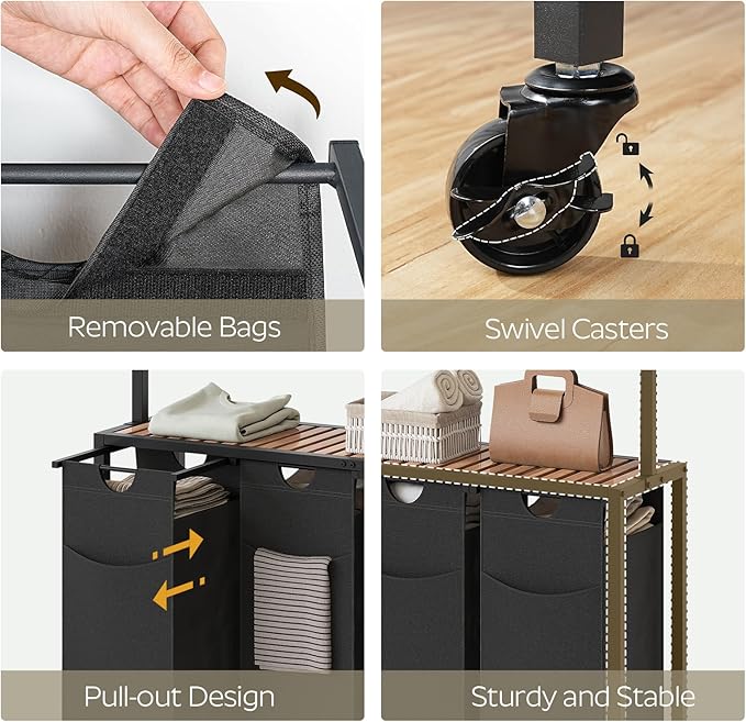 Laundry Hamper, Laundry Sorter 5 Section, Rolling Laundry Basket, Laundry Sorter with Hanging Bar, Hampers for Laundry, Laundry Basket Organizer for Laundry Room, Rustic Brown LS57BR