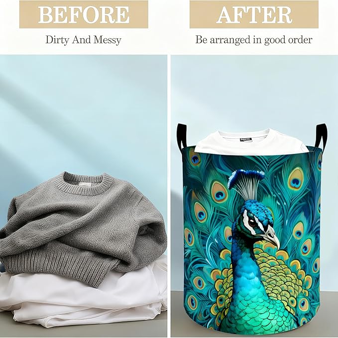 Peacock Laundry Basket Hamper for Boys Girls Kids Adults, Foldable Waterproof Oxford Clothes Storage Bin, Colorful Bird Organizer for Bedroom Bathroom Room Decor 19.7"x15.8"