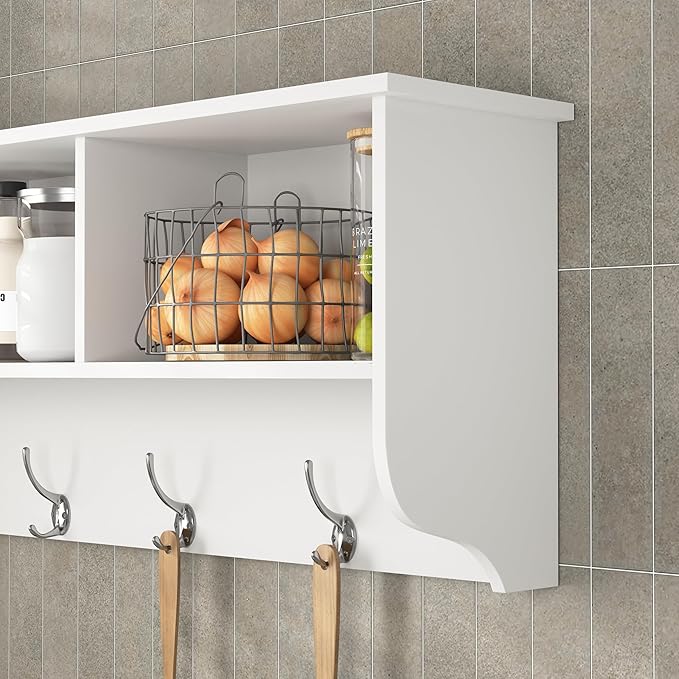 Wall Mounted Coat Rack with 4 Hooks & 3 Shelves, White MDF Entryway Storage, 38.6" Long, Easy Installation