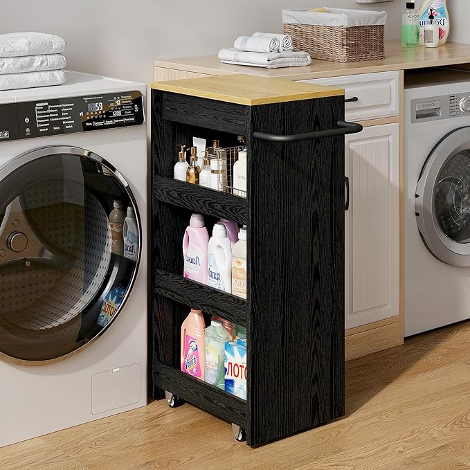 IRONCK Wood Storage Cart 15.8" W, 4 Tier Rolling Kitchen Cart on Wheels, Slide Out Utility Cart, Organizer Trolley with Handle, Drawer for Kitchen, Laundry, Bathroom, Black