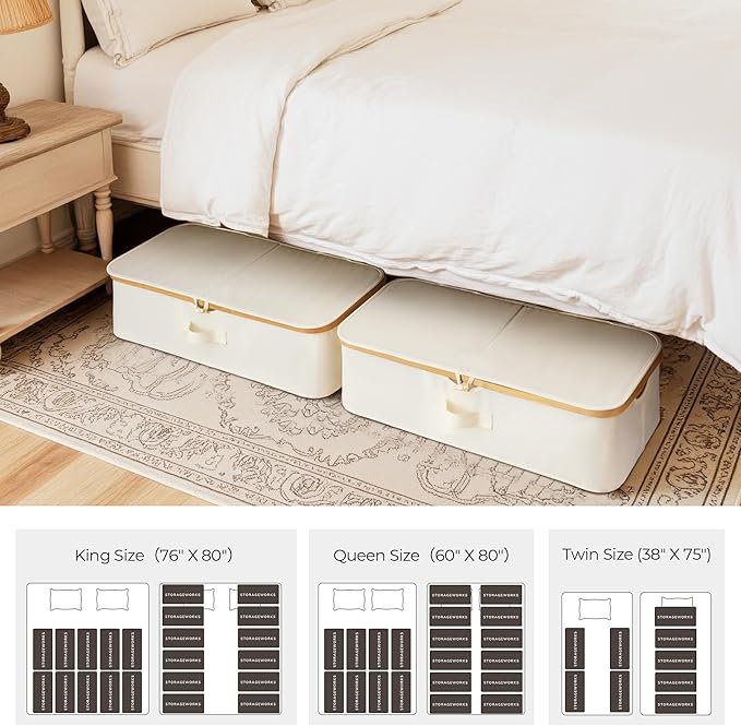 StorageWorks 2-Pack Underbed Storage Box with Bamboo Frame, 42L Flip-Top Under Bed Container for Blankets, Bed Sheets, Coverlets and Towels, Beige