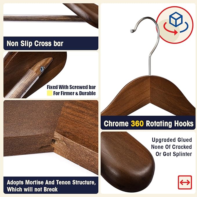 Suit Hangers 6 Pack Wooden Coat Hangers,Wide Shoulder Hangers with Non Slip Pants Holder,Heavy Duty Clothes Hangers,Suit Hangers for Men,for Women,for Suit,Coat,Jacket,Pants (Walnut