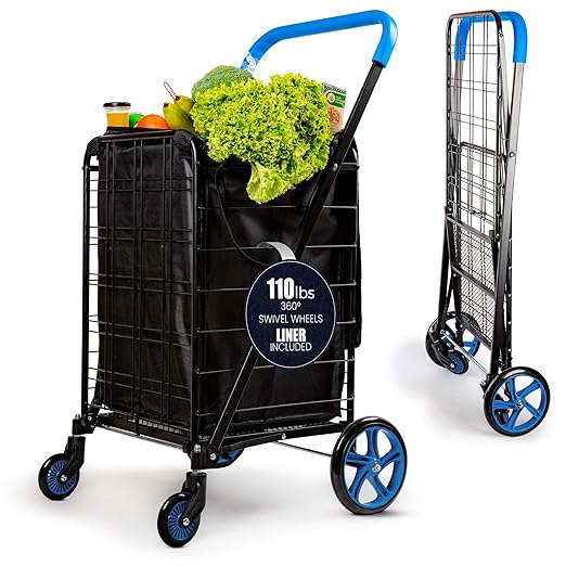 SereneLife Large Folding Utility Shopping Cart with Removable Liner – Heavy Duty, 360° Swivel Wheels, 110 lb Capacity, Portable for Groceries, Laundry, Luggage, and More(Blue)