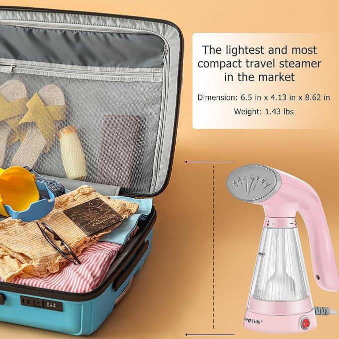 True & Tidy Handheld Portable Handheld Steamer for Clothes with Stainless Steel Steam Plate, 600watts of Powerful Steam, Compact and Lightweight, Pink