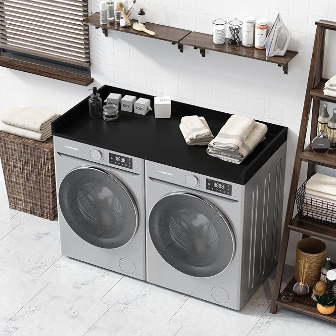OfficeSimpli Washer Dryer Countertop, Made in USA, Non-Slip Pads, Laundry Room Wood Topper, Washer Dryer Cover for Top, Laundry Countertop, Laminate Finish (Black, Large (30" x 58"))