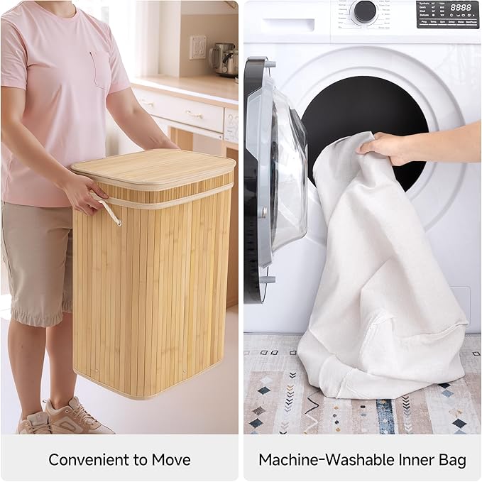 StorageWorks Laundry Hamper with Lid, Foldable Bamboo Laundry Basket, Clothes Hamper with Handles, Organizer and Storage for Laundry Room, Bedroom, Dorm, Natural