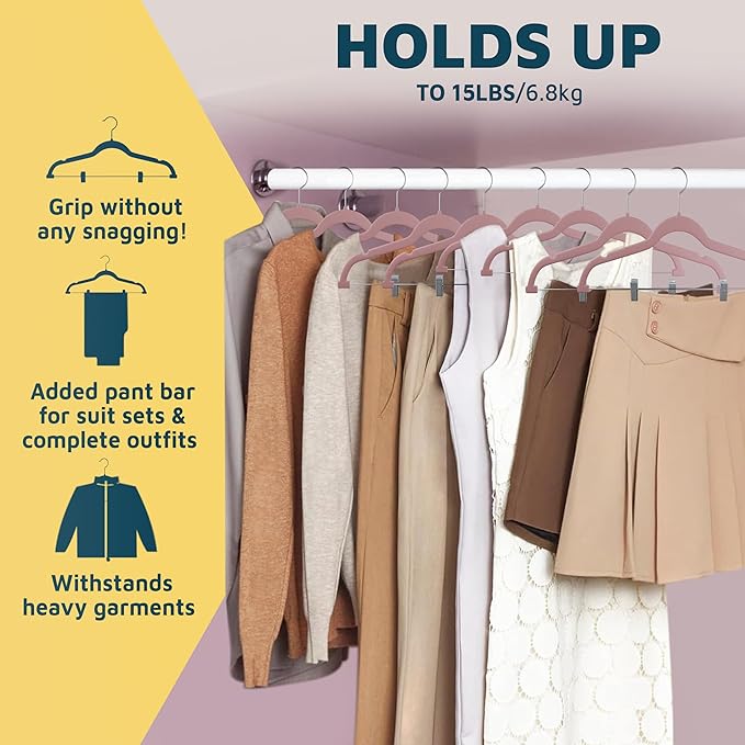 Lifemaster Velvet Pants Hangers – with Adjustable Clips, 360 Degree Swivel Hook, and Non-Slip Shoulder Notch, Holds Up to 10 lbs, for Organizing Skirt, Pants, Dress, and Clothes, Pack of 30, Pink