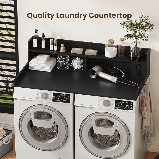 Upgraded 2-Tier Washer and Dryer Countertop with Power Outlet,54" W x 27.6" D Large Laundry Countertop for Fold Clothes, Laundry Topper with Non-Slip Pads & Metal Hooks and Storage Basket