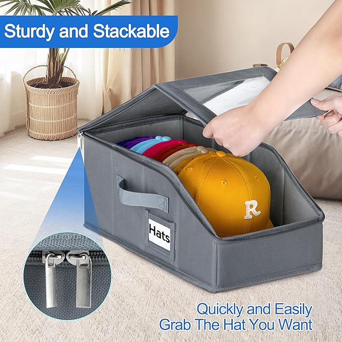 Dofilachy 2 Pack Stackable Hat Storage for Baseball Caps, Holds 28 Caps - Closet Organizer Box with Clear Window & Cardboard，Sturdy Snapback Hat Boxes for Home Storage (grey, 2)