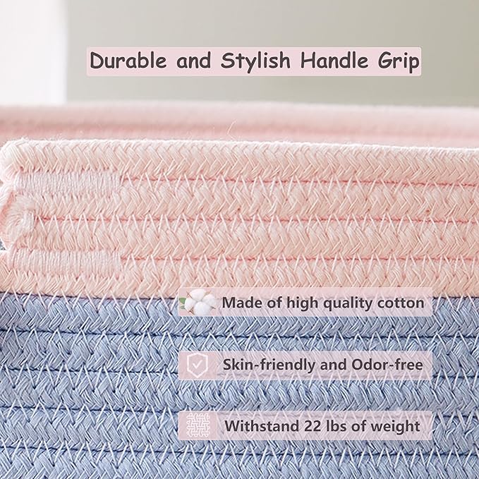 65L Blue Woven Rope Laundry Hamper Basket for Clohtes Boho Tall Rope Baskets for Blanket Large Baby Nursery Hamper for Girls Kids 16"Wide 19"Tall