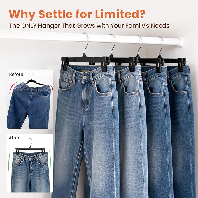 HOUSE DAY Black Pants Hangers, 25 Pack Skirt Hangers with Non-Slip Big Clips and 360° Swivel Hook, Durable Slim Plastic Pant Hanger, Space Saving Clip Hanger for Pants, Skirts, Shorts - 12 Inch