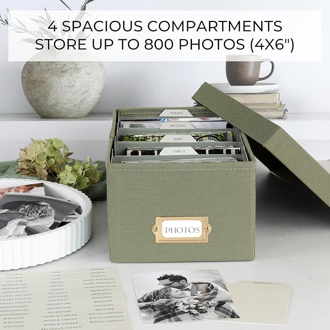 ZICOTO Decorative Photo Storage Box - Sturdy Linen Photo Organizer with Dividers is Perfect to Store Up to 850 Pictures and 4x6 Photos - Portable Scrapbook Storage Containers with Lid