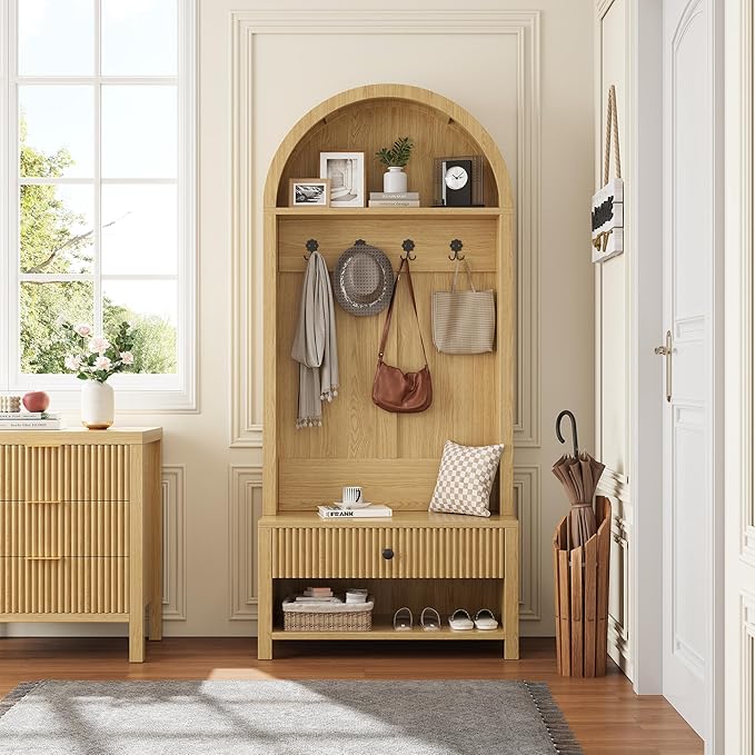 70.86-inch Entryway Hall Tree, Farmhouse-Style Wooden Coat Rack Freestanding, Entryway Organizer with Four Hooks, Standing Shoe Rack with Bench for Hallways, Foyers, and Living Rooms, Natural