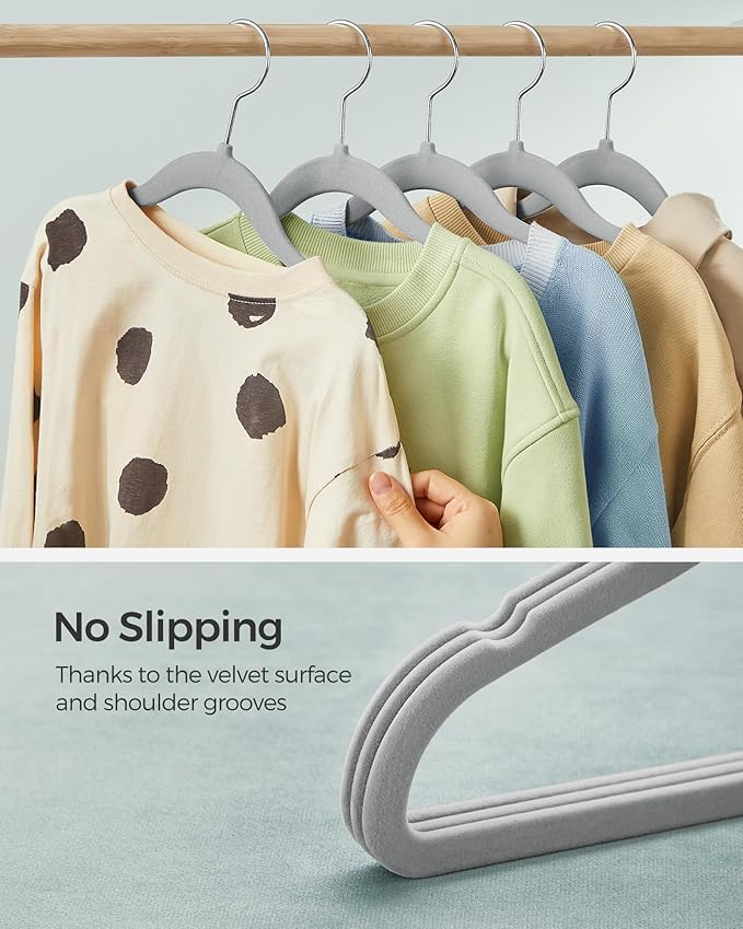 SONGMICS Baby Kids Hangers 30 Pack for Closet, 11.8 x 8.1 Inches, Silver 360° Swivel Hooks, Space-Saving Clothes Velvet Hangers for Nursery, Non-Slip, Dove Gray UCRF027G30