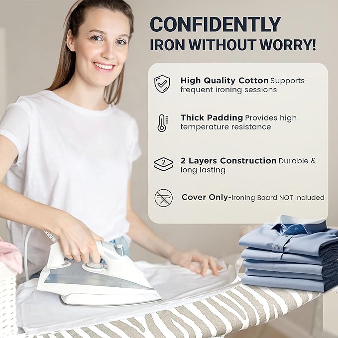 Ironing Board Cover and Pad 18"x49" Extra Thick Natural Cotton, Scorch and Stain Resistant Padding, Extra Wide Iron Board Cover with Fasteners Heavy Duty Elastic Edge, Heatproof Zebra