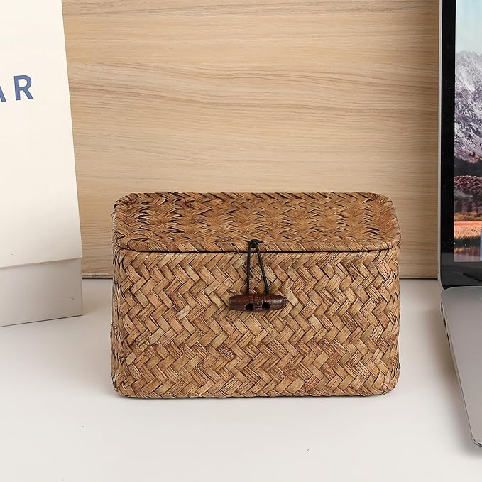 Handwoven Wicker Storage Basket Small Seagrass Box with Lid Multipurpose Table Organizer for Dental Floss Paper Clip Holder, 6.1" x 4" x 3.3"