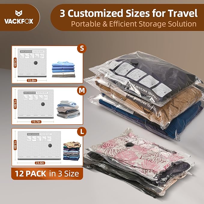 12 Pack Travel Vacuum Bags for Clothing,Compression Seal Packing Cubes for Luggage Suitcase Backpack,Carry-on Size Space Saver Storage Bags 80% Space Saver for travel,outdoor and home use.