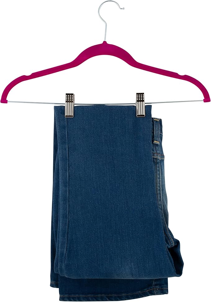Simplify 6 Pack Slim Velvet Hangers with Skirt or Pant Clips, Space Saver, Prevent Garment Creases, Swivel Neck, Durable, Fuchsia