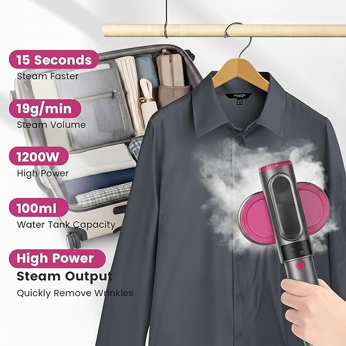 Powerful Handheld Clothes Steamer with LCD Display, 15s Fast Heat-Up, Includes Measuring Cup, Heat-Resistant Board, Storage Bag & Anti-Scald Glove, Lightweight 0.8lbs for Home & Travel