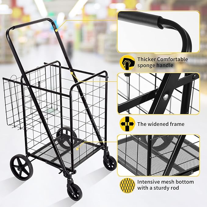Folding Shopping Cart with Waterproof Liner, Grocery Cart Large Bag with Top Cover, 340 Lb Capacity, Utility Cart with 360° Rolling Swivel Wheels, Large & Extra Basket