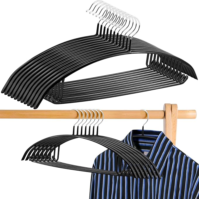 18 Pack Clothes Hangers, 16.5 inch PVC Coating Sweater Hangers, Non-Slip Rubber Coated Hanger, Heavy Duty No Shoulder Bump Metal Hanger for Closet Suit Jacket Shirt T-Shirt(Black)