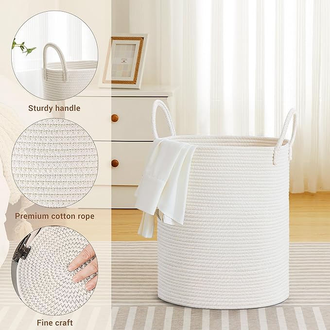 Tall Laundry Basket with Handles, 53L Portable Dirty Clothes Hamper, Boho Cotton Rope Storage Bin for Blankets Kids Toys Gifts, Decorative Organizer for Baby Nursery Bedroom Bathroom, White
