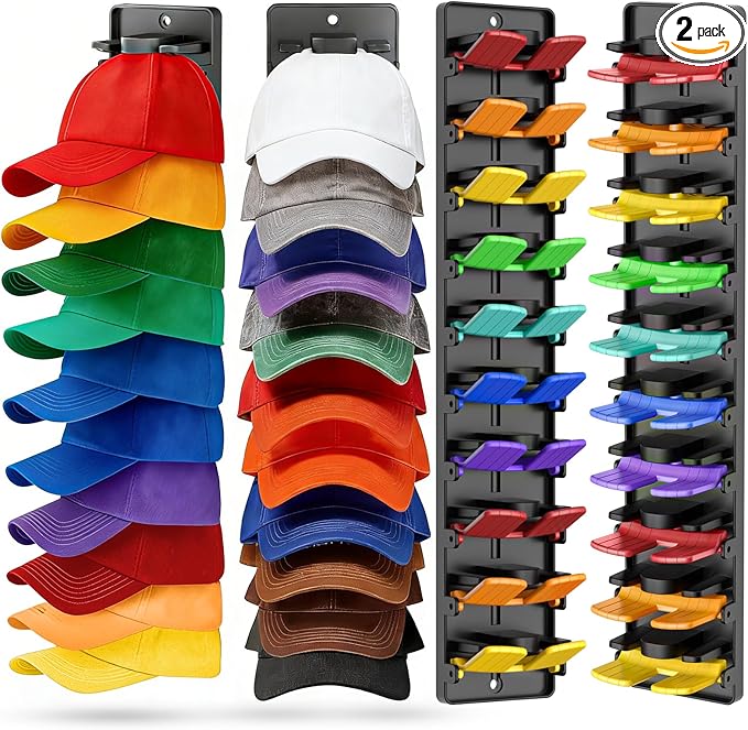 Hat Organizer for Baseball Caps, 2 Pack Hat Rack for Wall Door Closet Hold Up to 20 Hats, Spring Clip Hat Holder On Wall, Wall Mounted Hat Rack for Door Closet Bedroom (Adhesive or Screw Mount)