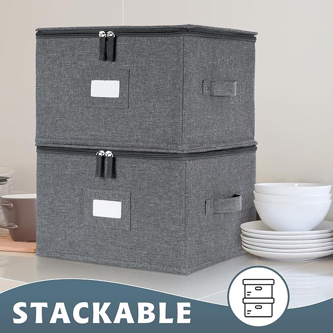popoly China Storage Containers Inside 12" W x 8" H, Dinnerware Storage Box for Dishes Plate Storage with 24 Felt Dividers, Hold 24 Plates, Hard Shell and Stackable（4PACK