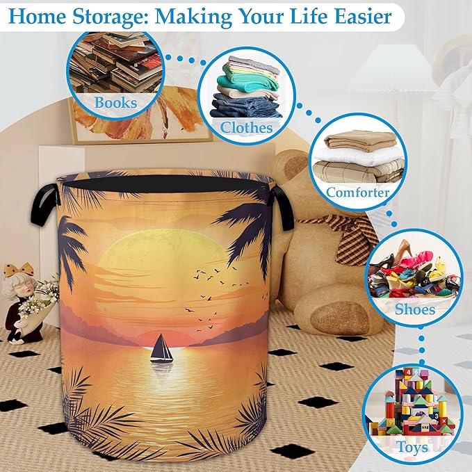 Tropical Palm Laundry Basket,Sunset Sea Beach Laundry Hamper, Collapsible Clothes Toy Storage Bin for Bathroom Bedroom Room Decor 16" X 20.8"