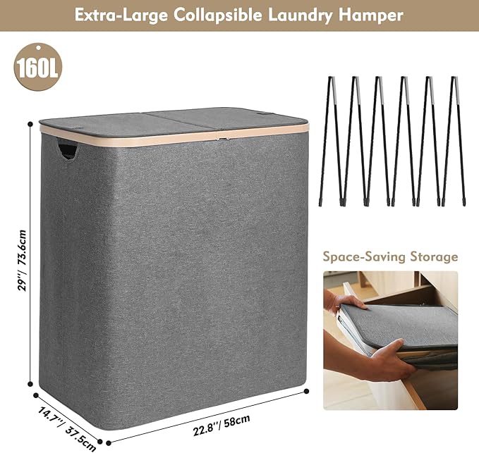 DOKEHOM 160L Double Laundry Basket with Removable Lid and Laundry Bags, Large Collapsible Laundry Hamper with 2 Sections (Dark Grey)