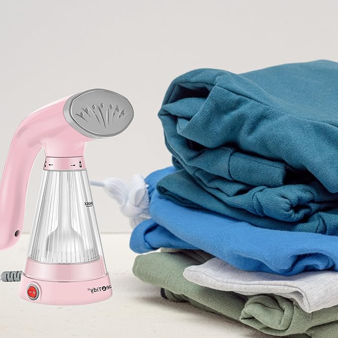 True & Tidy Handheld Portable Handheld Steamer for Clothes with Stainless Steel Steam Plate, 600watts of Powerful Steam, Compact and Lightweight, Pink