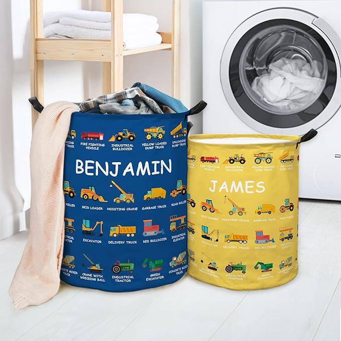 Personalized Laundry Hamper | Custom Name Excavator Design Laundry Baskets | 12 Colors Option | Gifts for Clothes Toy Bathroom Bedroom Laundry Room Dorm