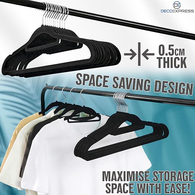 Deco Express Velvet Hangers, Space Saving Non Slip Coat Hangers for Clothes Multipack (Black, 20 Pack)