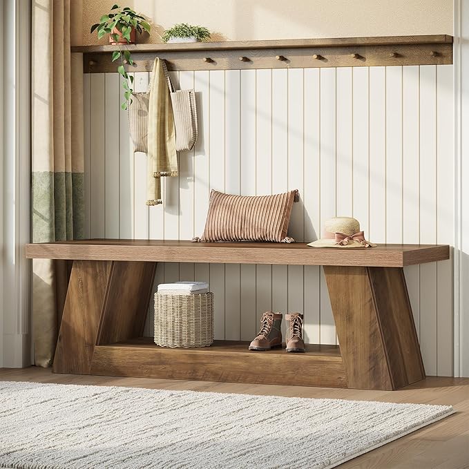 Tribesigns 63" Wooden Entryway Bench with Storage Shelf, Rustic Extra Long Bench, 2-Tier Narrow Hallway Seating Bench for Living Room, Bedroom, Kitchen(Brown)