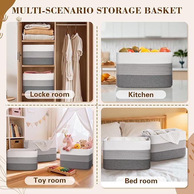 Baskets for Organizing,Storage Baskets,3 Pack Baskets for Shelfves,15"×10"×9" Woven Grey Basket,toy storage bins,bins for organization