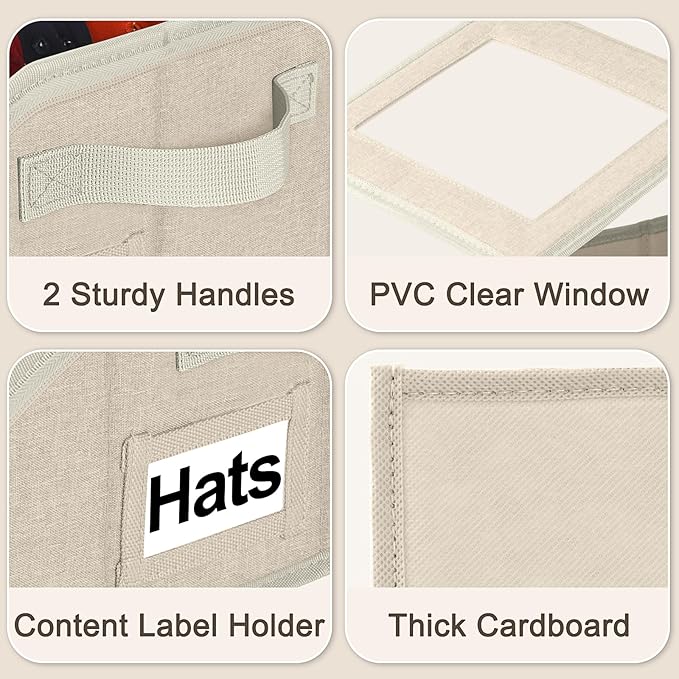 Dofilachy 2 Pack Stackable Hat Storage for Baseball Caps, Holds 28 Caps - Closet Organizer Box with Clear Window & Cardboard，Sturdy Snapback Hat Boxes for Home Storage (Beige, 2 Pcs)
